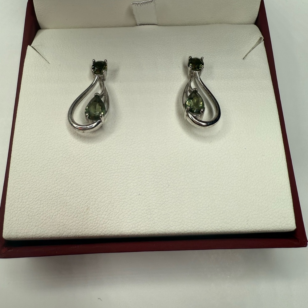 Custom Sterling Silver Moldavite Teardrop Earrings - Everyday Women's Jewelry - Picture 6 of 7